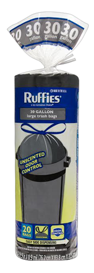 Ruffies Extra Large Trash Bags, Wing Tie, Black, .7 Mil, 30 Gallons, 12-Ct.