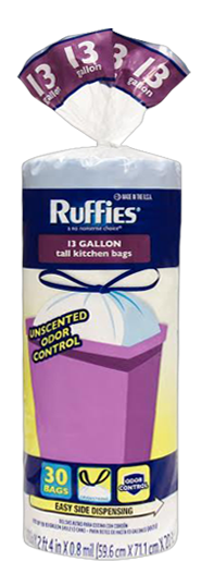 Ruffies Extra Large Trash Bags, Wing Tie, Black, .7 Mil, 30 Gallons, 12-Ct.